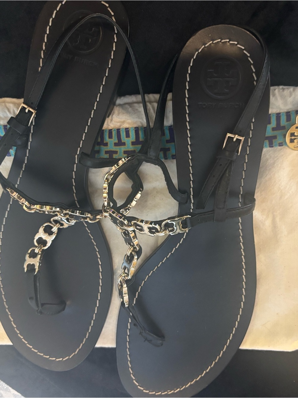 Tory Burch Black Leather Chain T-Strap Sandals